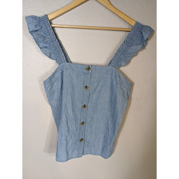 J.Crew‎ Women's Sz Small Chambray Button Front Tank Top Ruffle Straps Blouse N55 - Picture 3 of 9